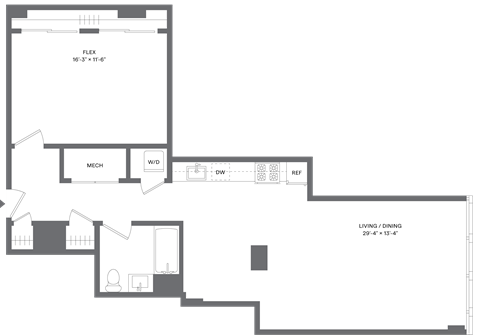 Floor plan for studio, 1 bath, 900 sqft